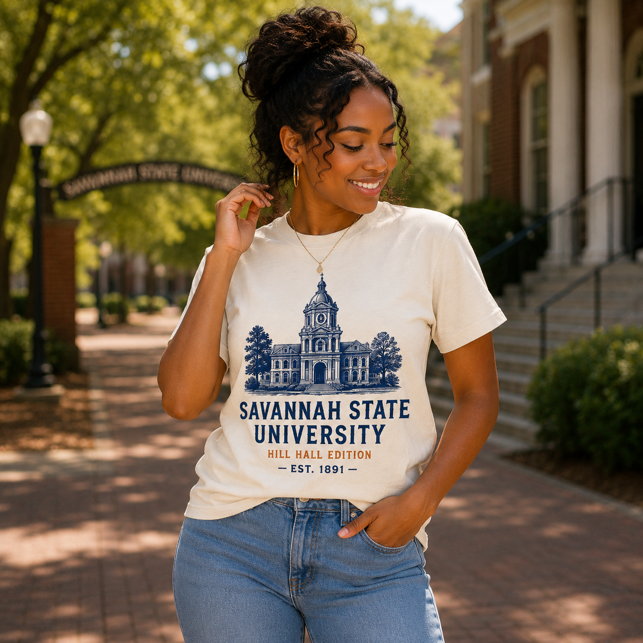 Model wearing the Savannah State Hill Hall Edition cream T-shirt