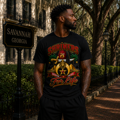 Model wearing the Shriners Honor Pride For Life black T-shirt with colorful heritage artwork