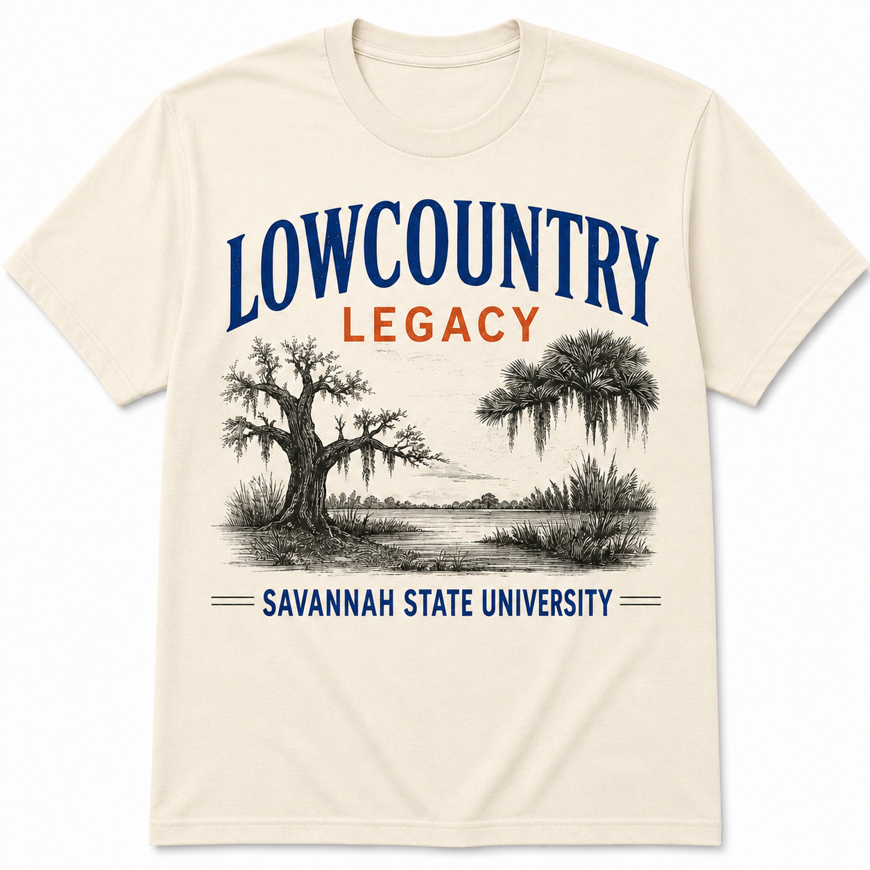 Savannah State Lowcountry Legacy cream T-shirt with vintage marsh landscape graphic