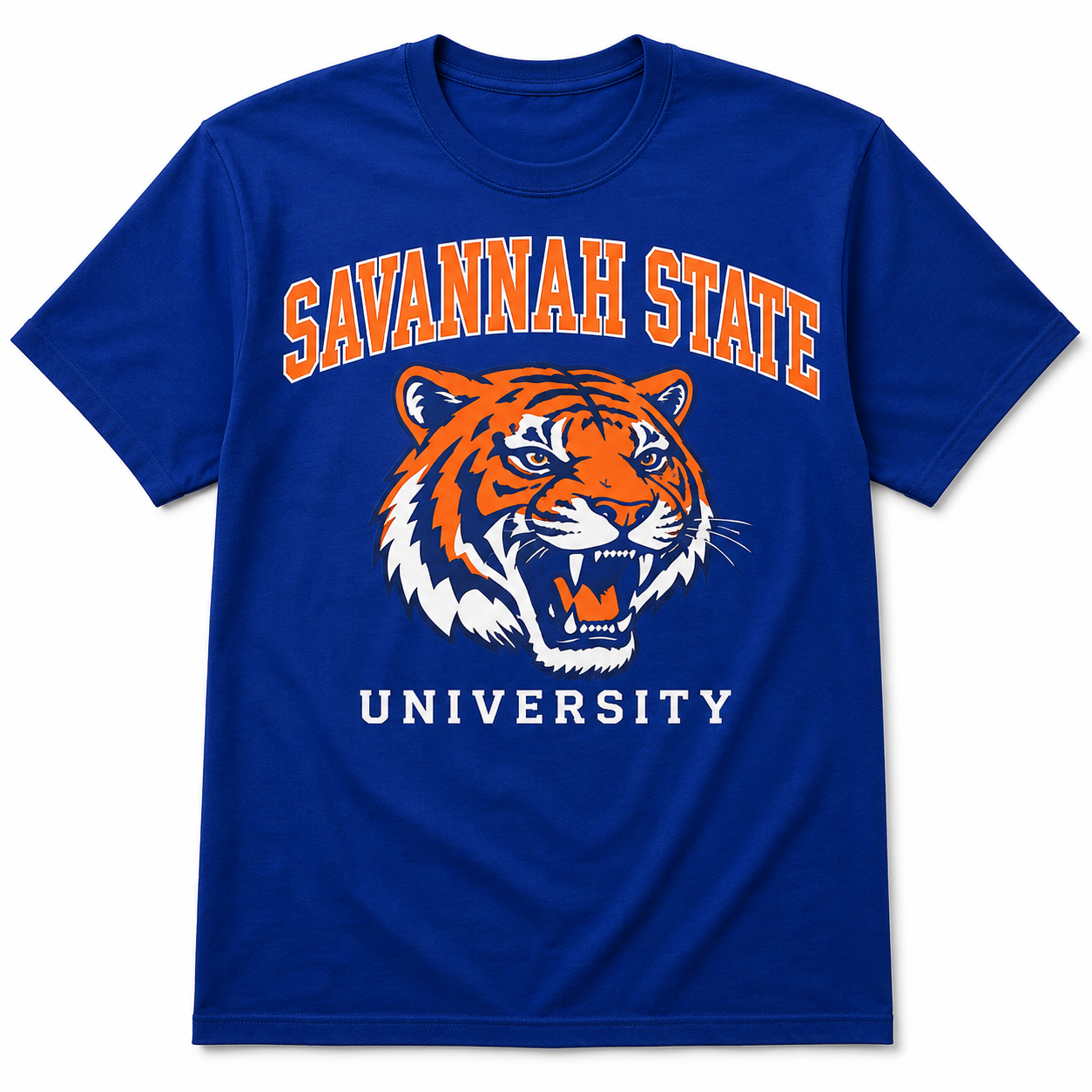 Savannah State Tiger royal blue T-shirt with orange, white, and black collegiate tiger graphic