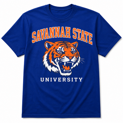Savannah State Tiger royal blue T-shirt with orange, white, and black collegiate tiger graphic