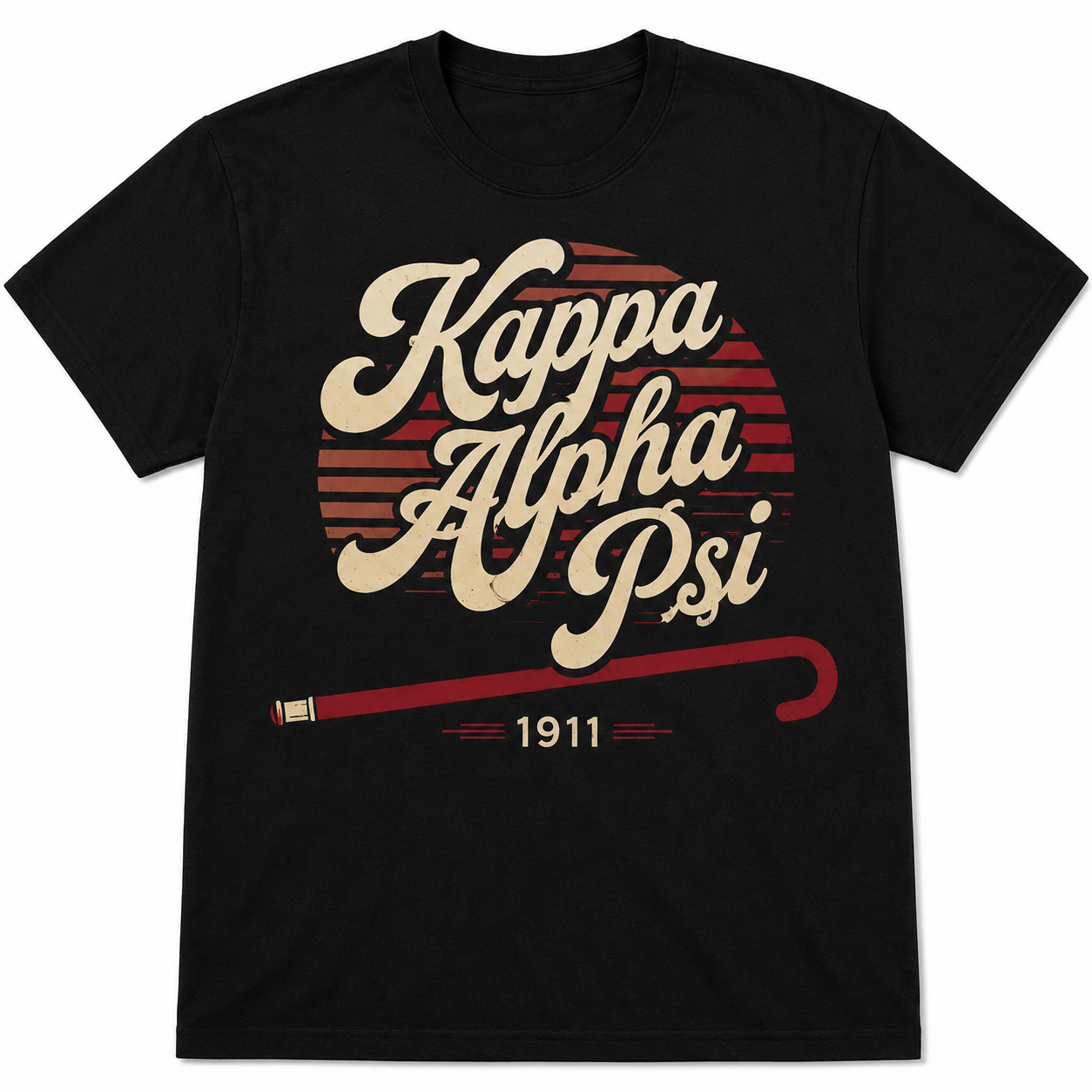 Black Kappa Alpha Psi T-shirt with cream vintage script lettering, red stripe graphic, fraternity cane, and 1911 detail