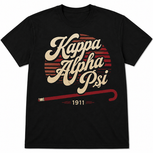 Black Kappa Alpha Psi T-shirt with cream vintage script lettering, red stripe graphic, fraternity cane, and 1911 detail