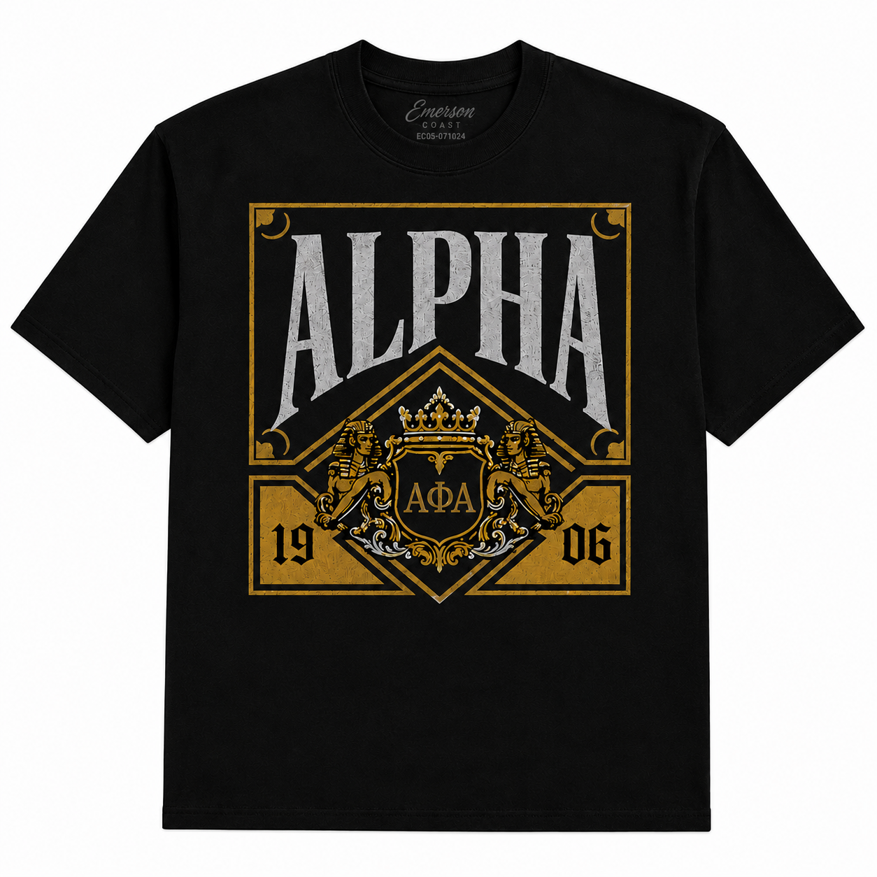 Alpha Phi Alpha Heritage Crest black T-shirt with ALPHA lettering, gold crest, ΑΦΑ letters, and 1906 details
