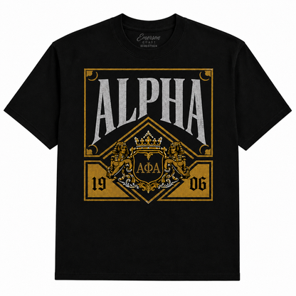 Alpha Phi Alpha Heritage Crest black T-shirt with ALPHA lettering, gold crest, ΑΦΑ letters, and 1906 details