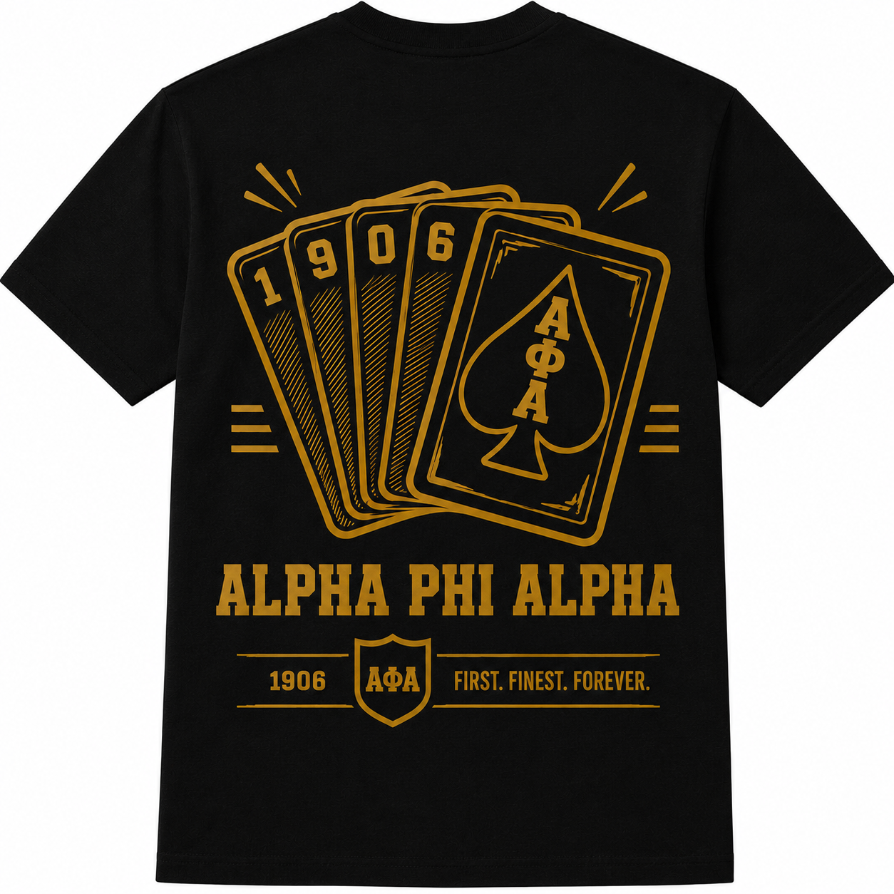 Alpha Phi Alpha 1906 Playing Cards black T-shirt with gold cards, ΑΦΑ spade, shield, and fraternity lettering