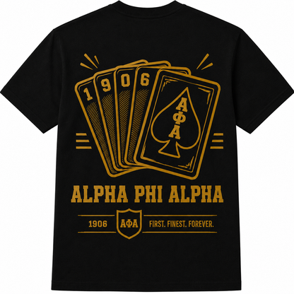 Alpha Phi Alpha 1906 Playing Cards black T-shirt with gold cards, ΑΦΑ spade, shield, and fraternity lettering