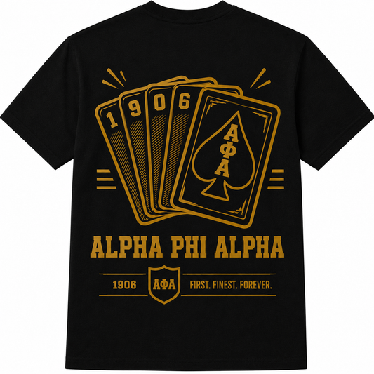 Alpha Phi Alpha 1906 Playing Cards black T-shirt with gold cards, ΑΦΑ spade, shield, and fraternity lettering