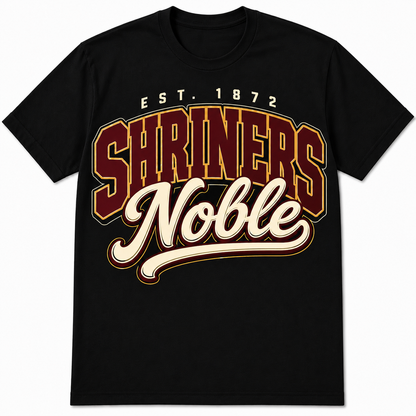 Black Shriners Noble T-shirt with maroon and cream collegiate-style graphic and EST. 1872 text