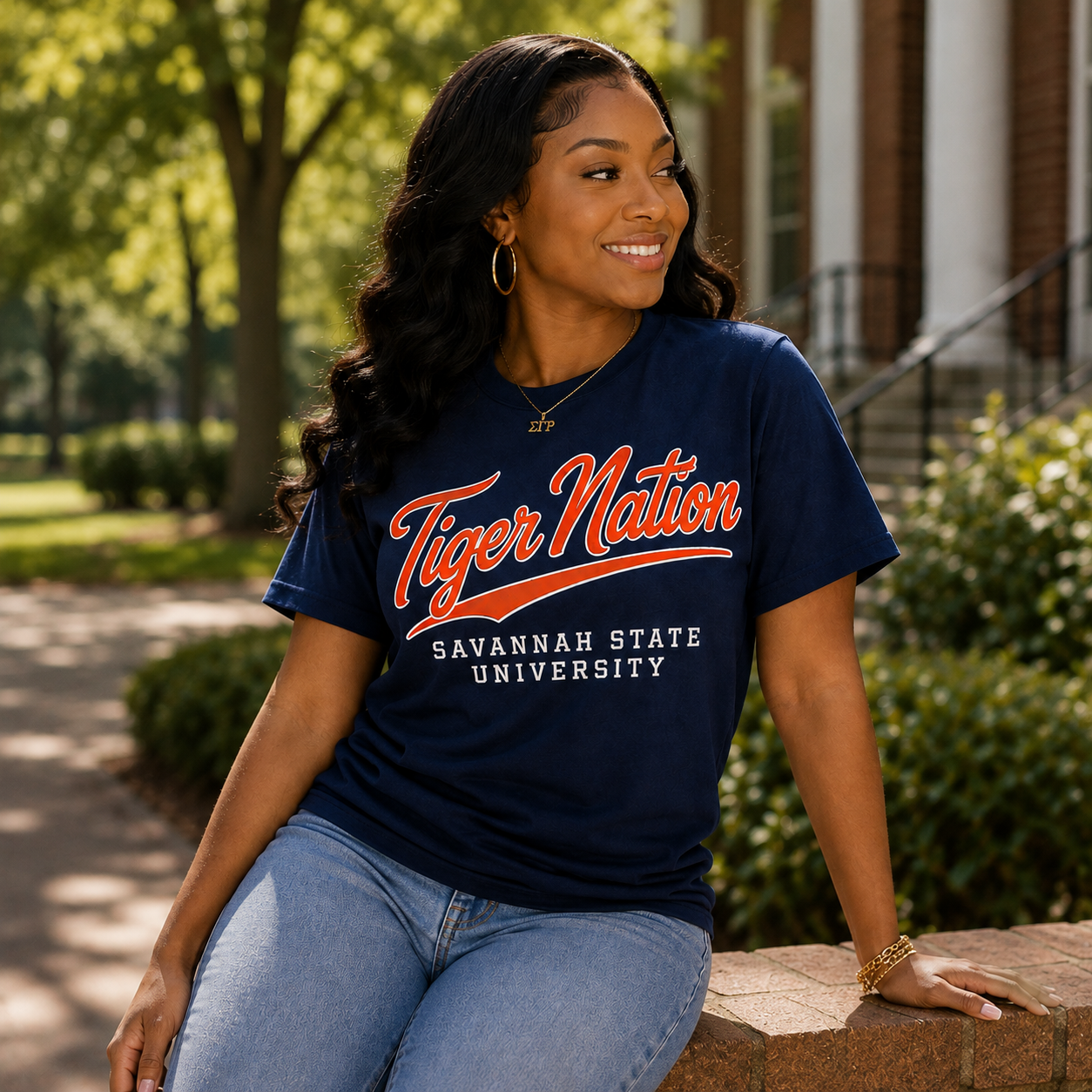 Model wearing the Savannah State Tiger Nation Script navy T-shirt