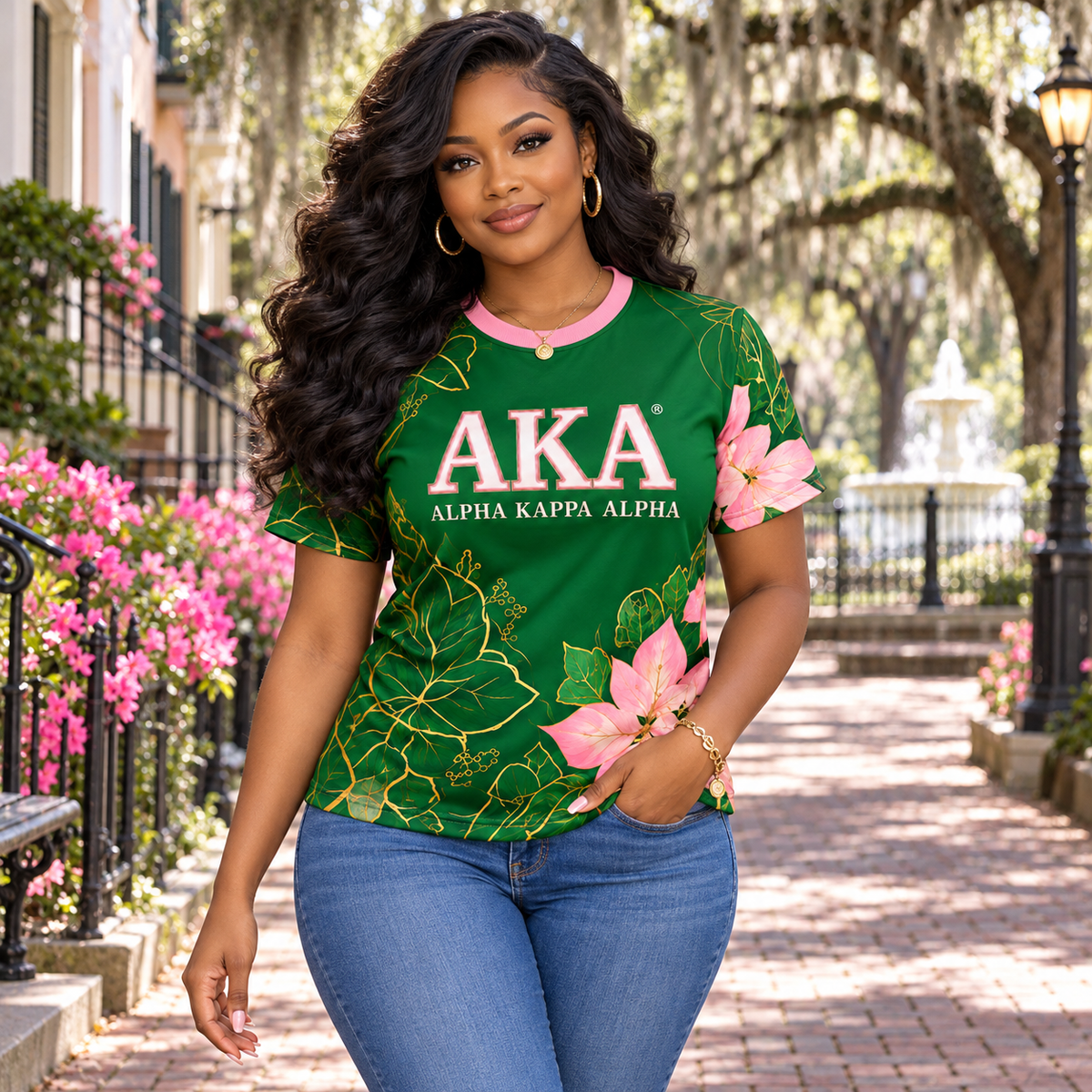 Alpha Kappa Alpha Green & Pink Floral All-Over Print Shirt