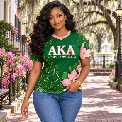 Alpha Kappa Alpha Green & Pink Floral All-Over Print Shirt