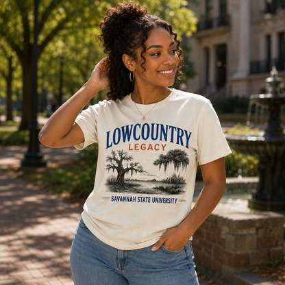 Model wearing the Savannah State Lowcountry Legacy cream T-shirt
