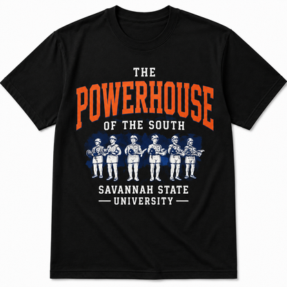 Savannah State Powerhouse black T-shirt with football players and orange, white, and blue graphic