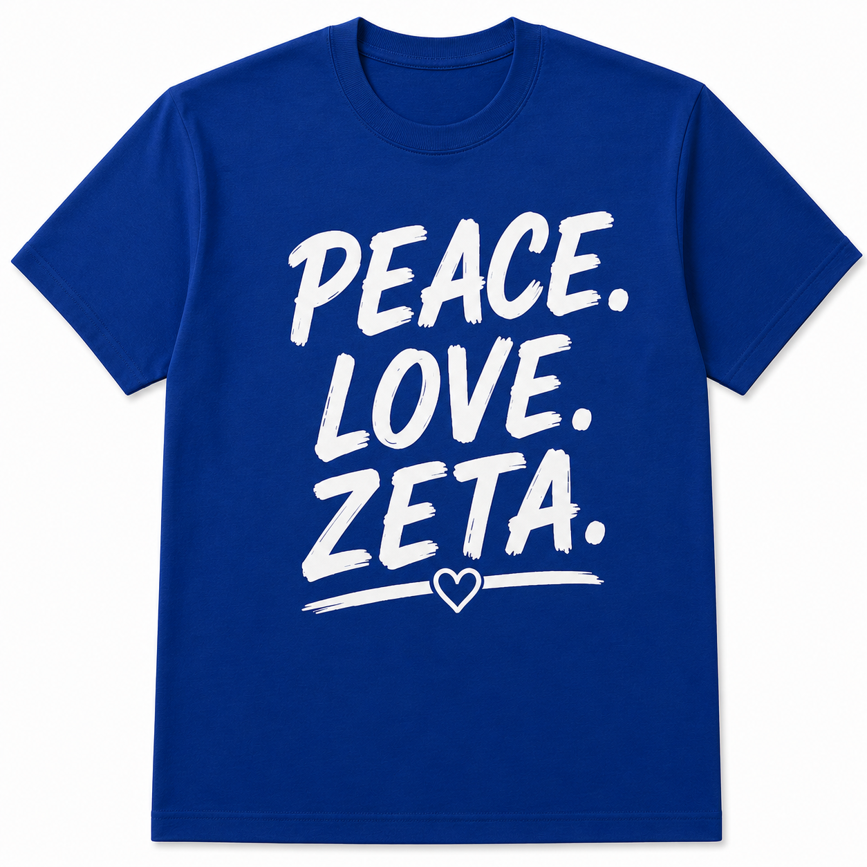 Royal blue Zeta Phi Beta T-shirt with white Peace Love Zeta brush lettering and heart underline