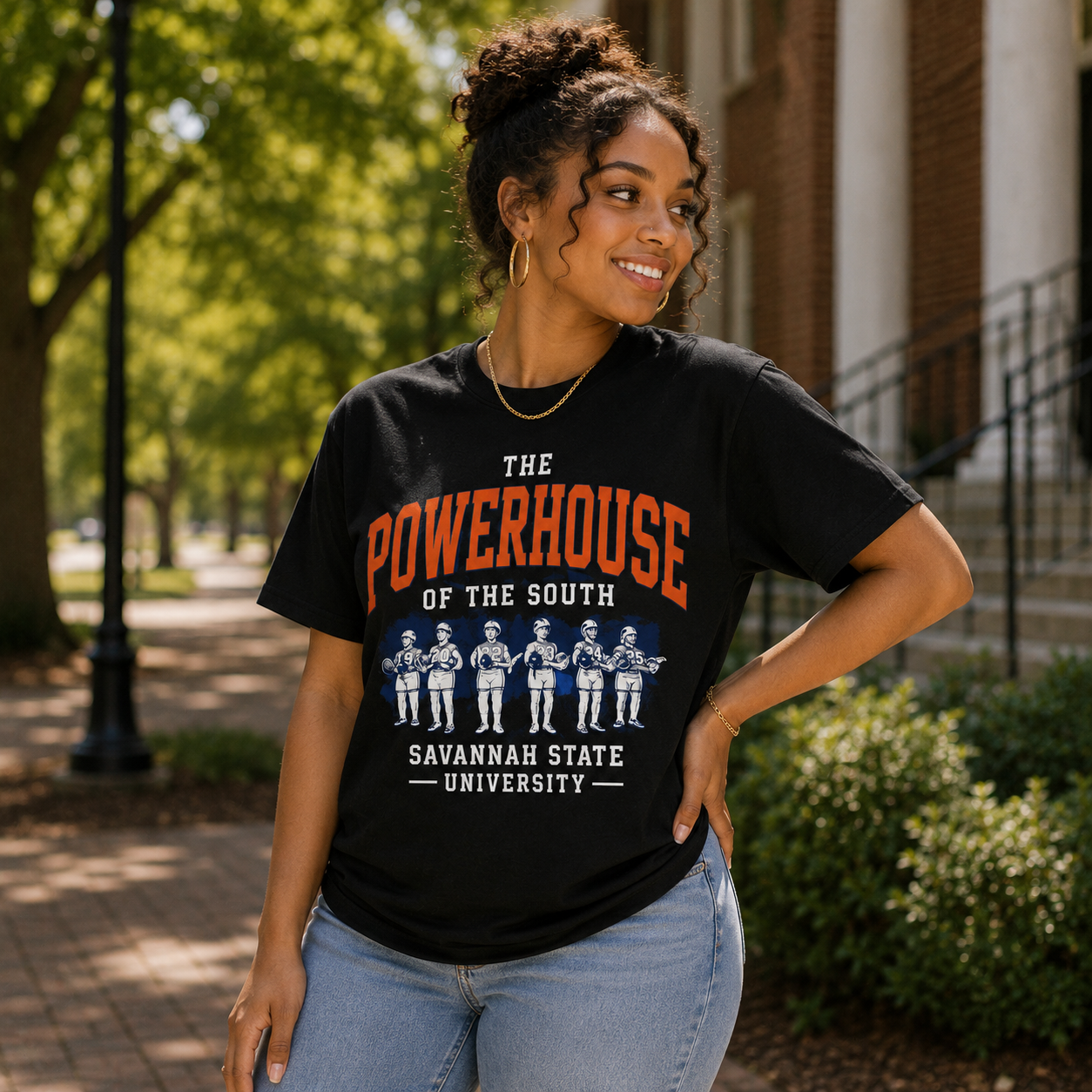 Model wearing the Savannah State Powerhouse black T-shirt