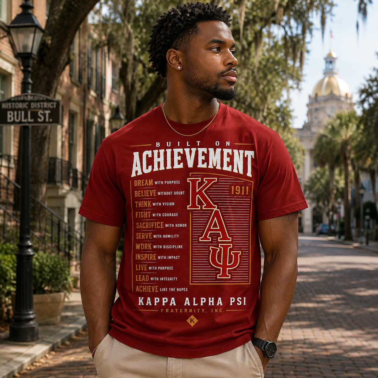 Model wearing the Kappa Alpha Psi Built on Achievement red T-shirt with cream, white, and gold-toned graphic