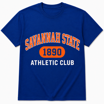 Savannah State 1890 Athletic Club royal blue T-shirt with orange and white collegiate graphic