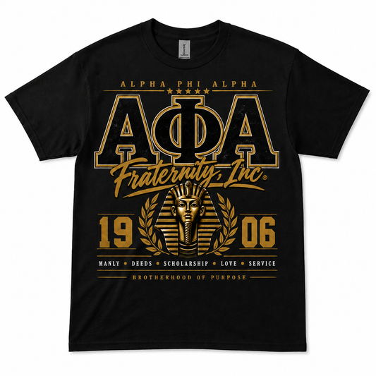 Alpha Phi Alpha Pharaoh 1906 black T-shirt with gold ΑΦΑ lettering, laurel details, and fraternity values