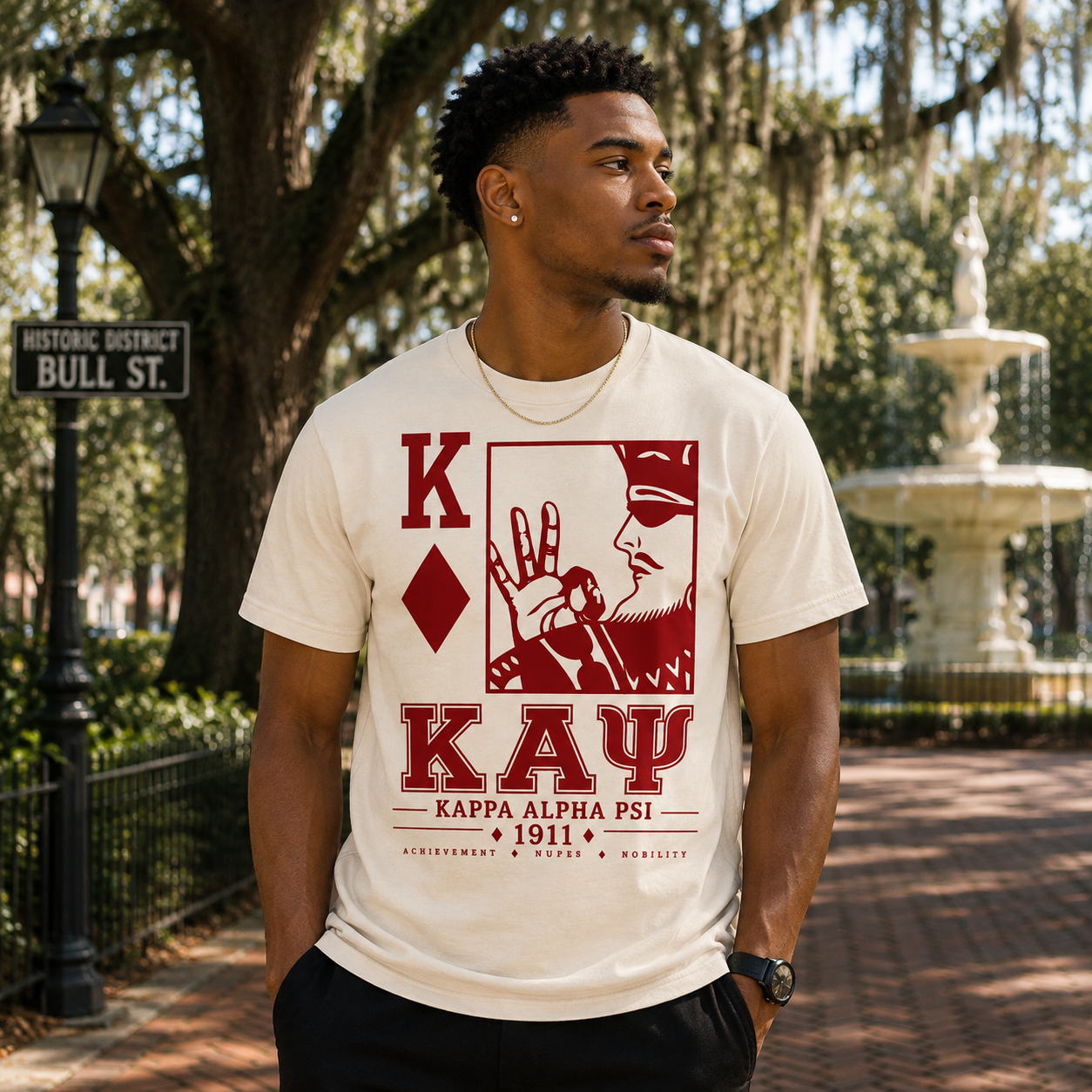 Model wearing the Kappa Alpha Psi KAY 1911 cream T-shirt with bold red fraternity graphic
