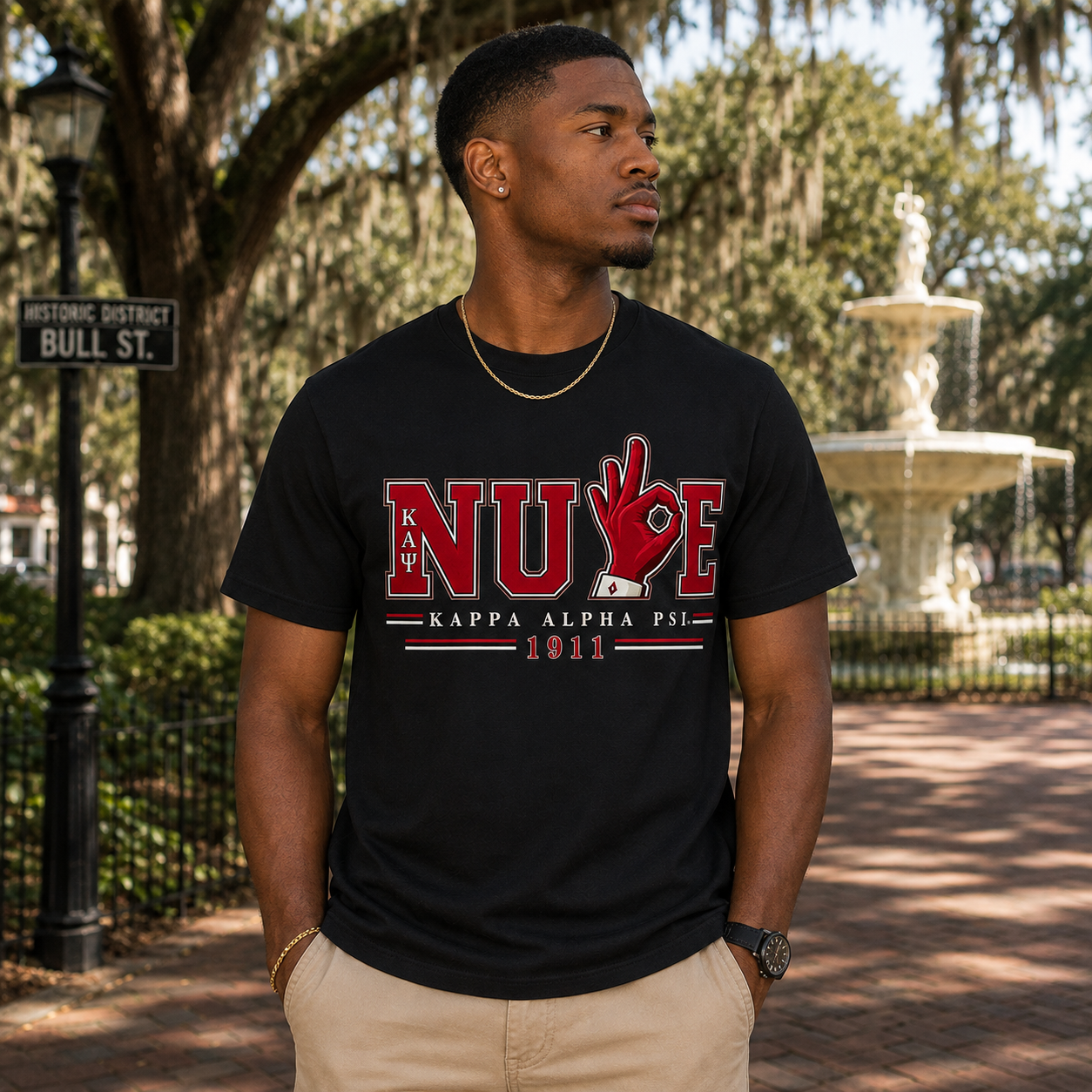 Model wearing the Kappa Alpha Psi Nupe Hand Sign black T-shirt with crimson and cream varsity graphic