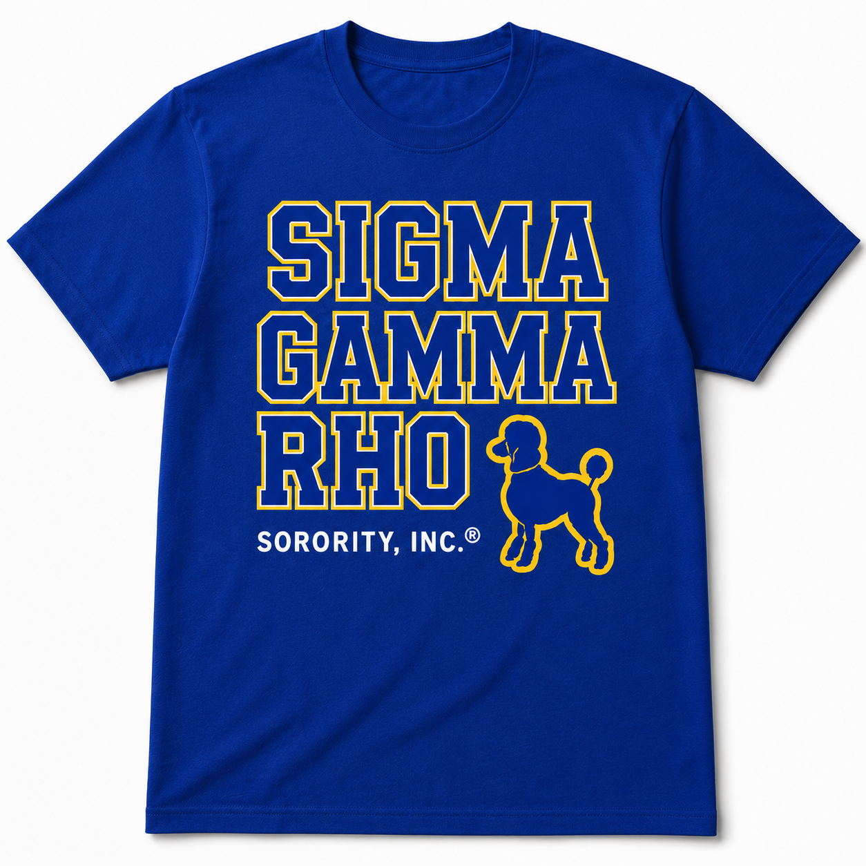 Sigma Gamma Rho 1922 blue T-shirt with gold-outlined lettering and poodle graphic