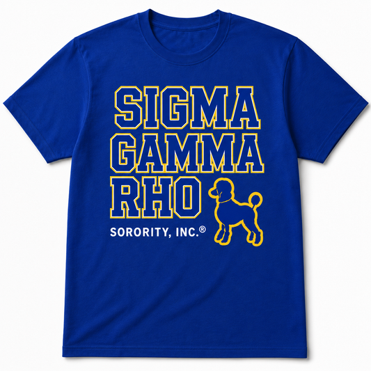 Sigma Gamma Rho 1922 blue T-shirt with gold-outlined lettering and poodle graphic
