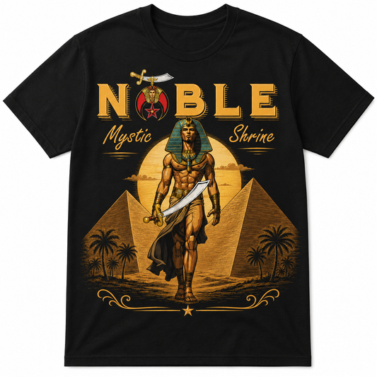 Shriners Noble Mystic Shrine black T-shirt with gold Noble lettering, Egyptian warrior, pyramids, sword, crescent, star, and desert design