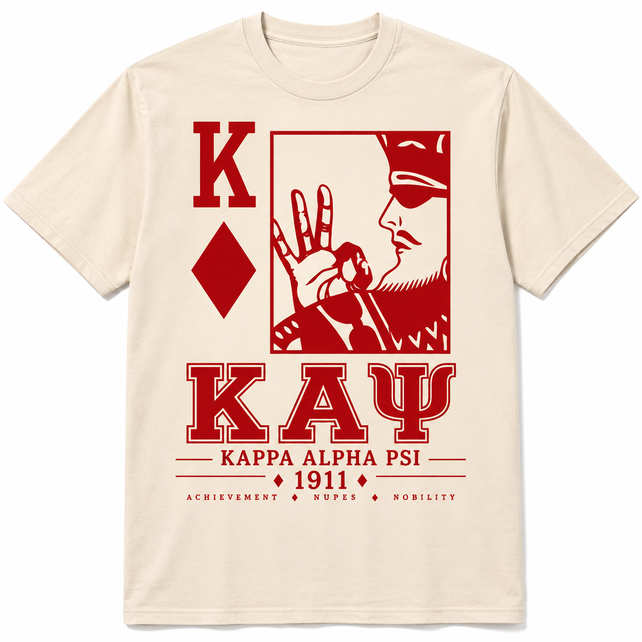 Cream Kappa Alpha Psi T-shirt with red KAY lettering, K and diamond motif, framed profile graphic, and 1911 detail