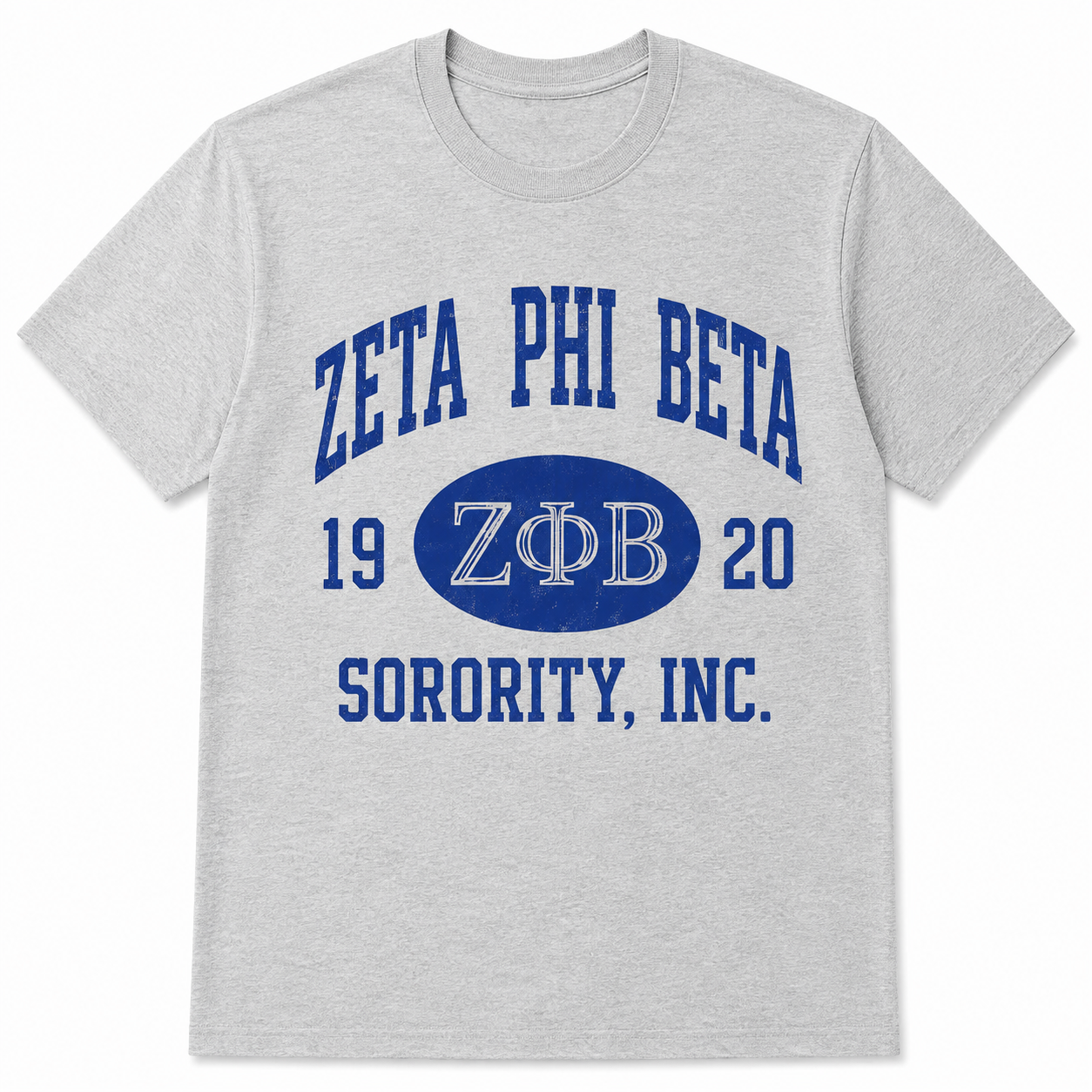 Heather gray Zeta Phi Beta T-shirt with royal blue collegiate graphic, ZΦB emblem, 19 20, and Sorority Inc