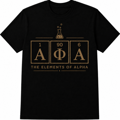 Alpha Phi Alpha Elements of Alpha black T-shirt with gold flask and chemistry-inspired 1906 graphic