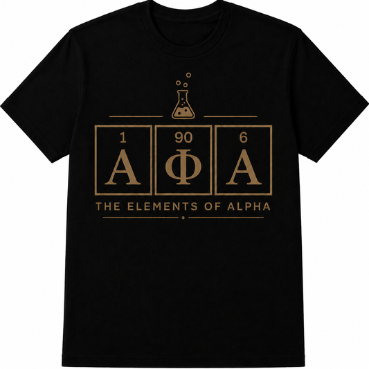 Alpha Phi Alpha Elements of Alpha black T-shirt with gold flask and chemistry-inspired 1906 graphic