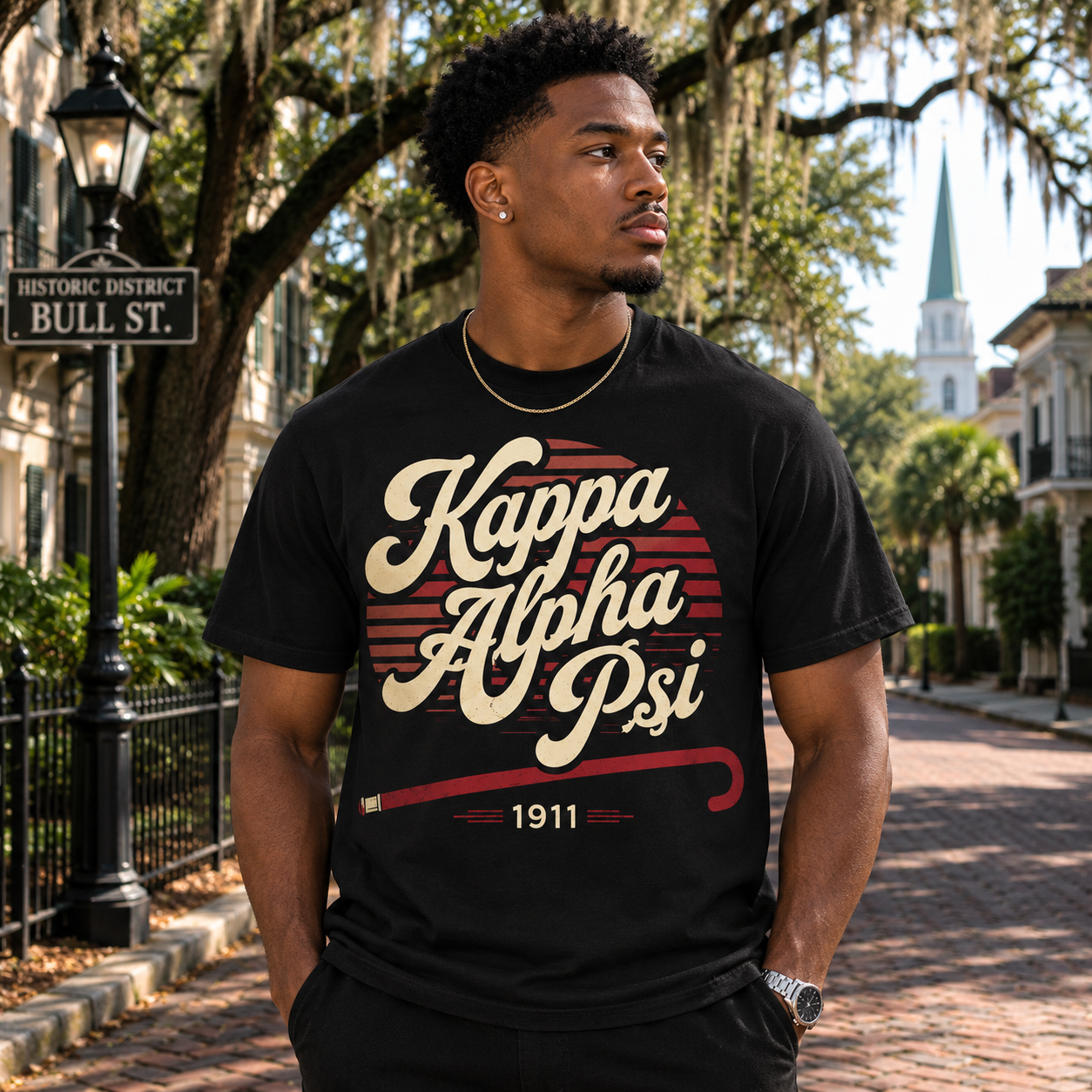 Model wearing the Kappa Alpha Psi Vintage Script 1911 black T-shirt with cream script and red cane graphic
