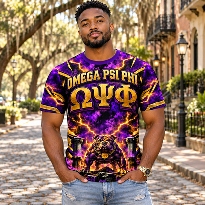 Omega Psi Phi Purple & Gold Lightning Bulldog All-Over Print T-Shirt