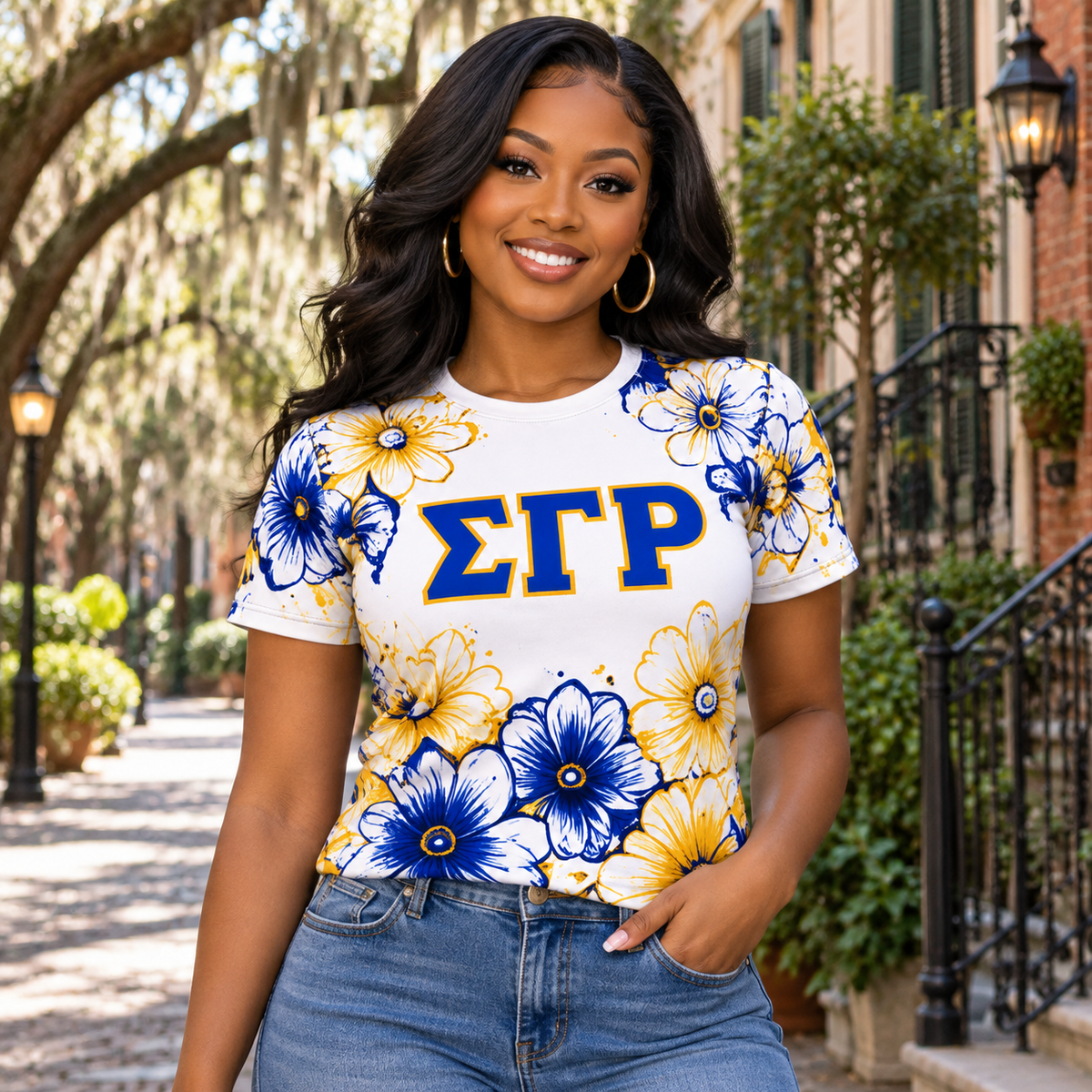 Sigma Gamma Rho Blue Gold Floral All-Over Print Shirt