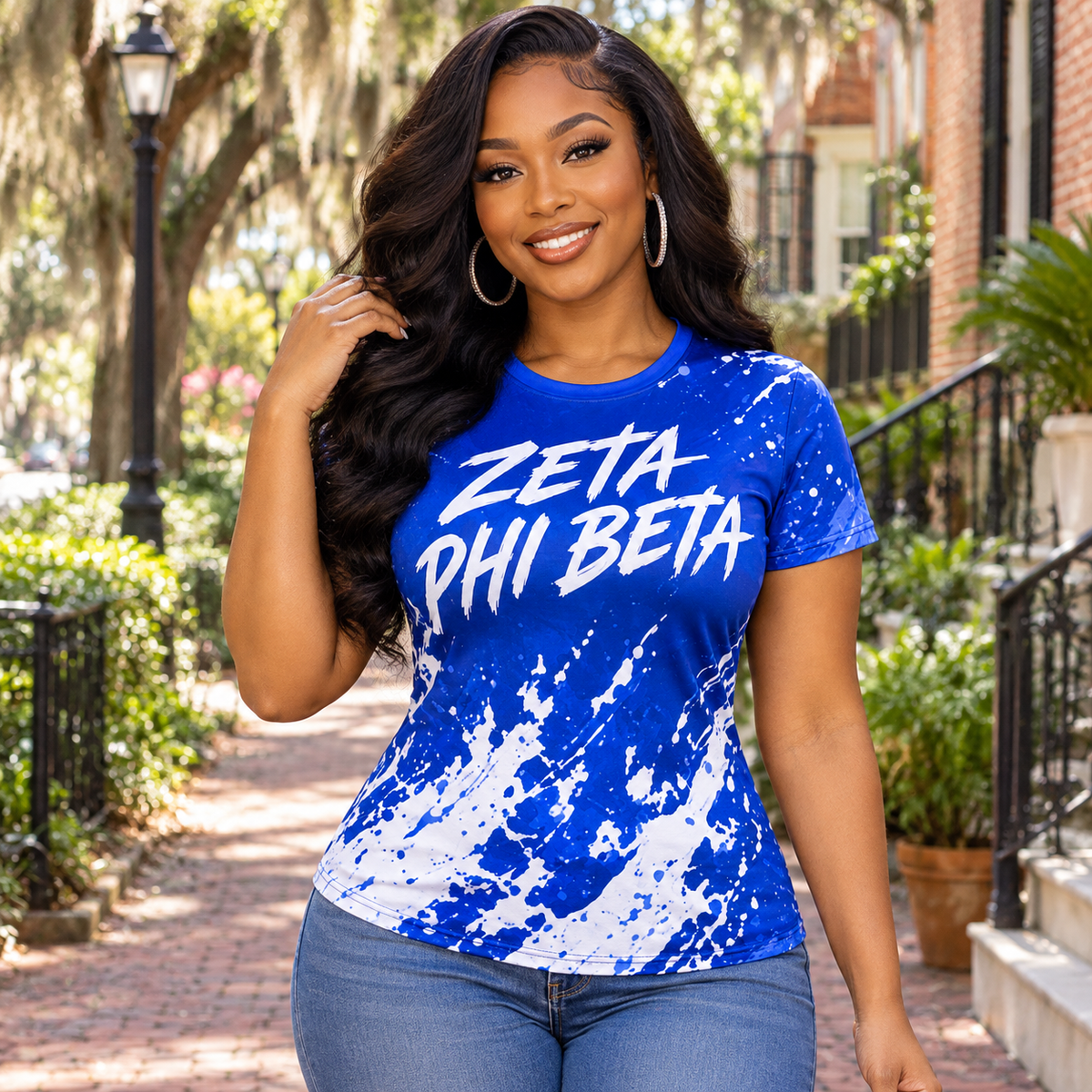 Zeta Phi Beta Blue & White Paint Splash All-Over Print Shirt