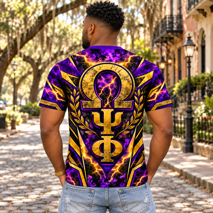 Omega Psi Phi Purple & Gold Lightning Bulldog All-Over Print T-Shirt