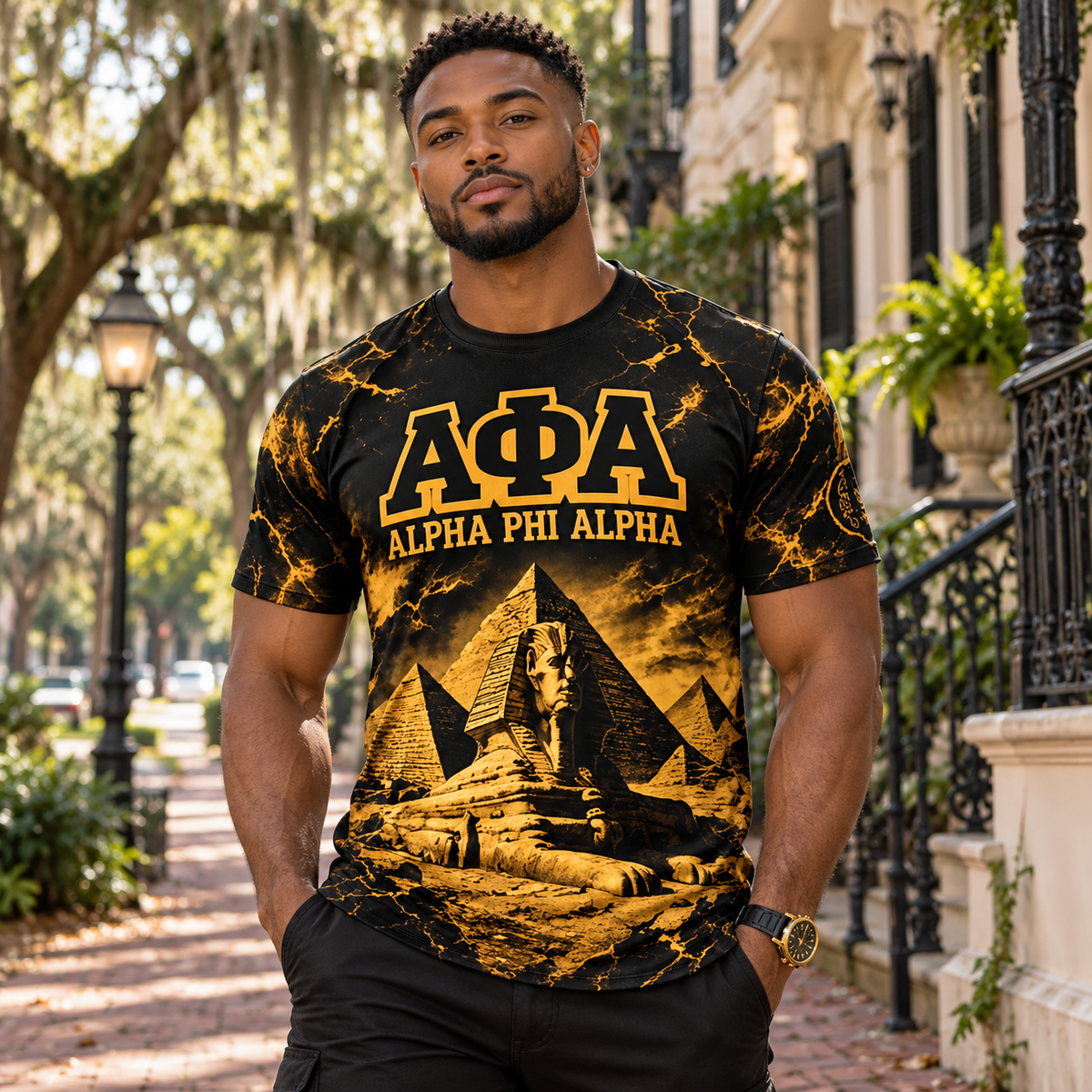 Alpha Phi Alpha Sphinx & Pyramids Black Gold All-Over Print T-Shirt