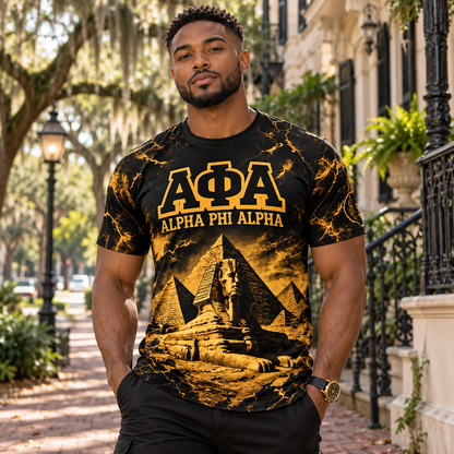 Alpha Phi Alpha Sphinx & Pyramids Black Gold All-Over Print T-Shirt