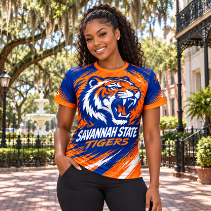 Savannah State Tigers Roaring Tiger Orange & Blue All-Over Print T-Shirt