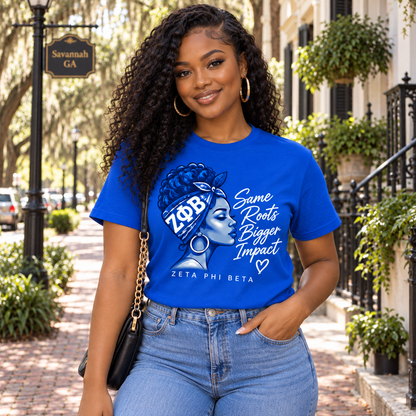 Zeta Phi Beta Same Roots Bigger Impact Royal Blue T-Shirt