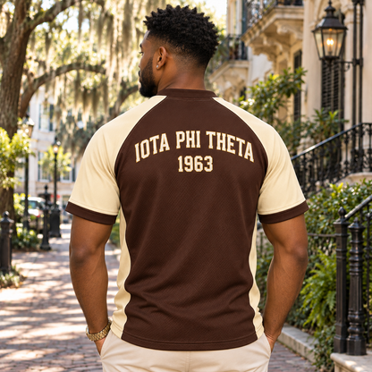Iota Phi Theta Brown & Cream Henley Baseball All-Over T-Shirt