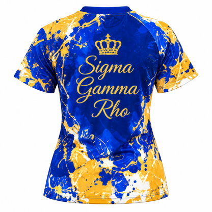 Sigma Gamma Rho Blue Gold Splatter V-Neck All-Over Print Shirt