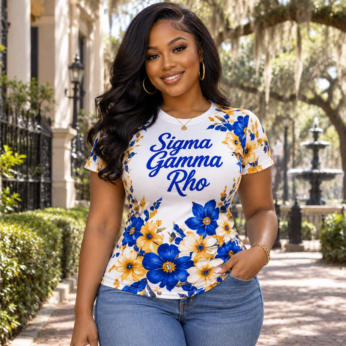 Sigma Gamma Rho Blue & Gold Floral All-Over Print Shirt