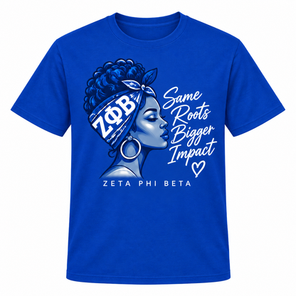 Zeta Phi Beta Same Roots Bigger Impact Royal Blue T-Shirt