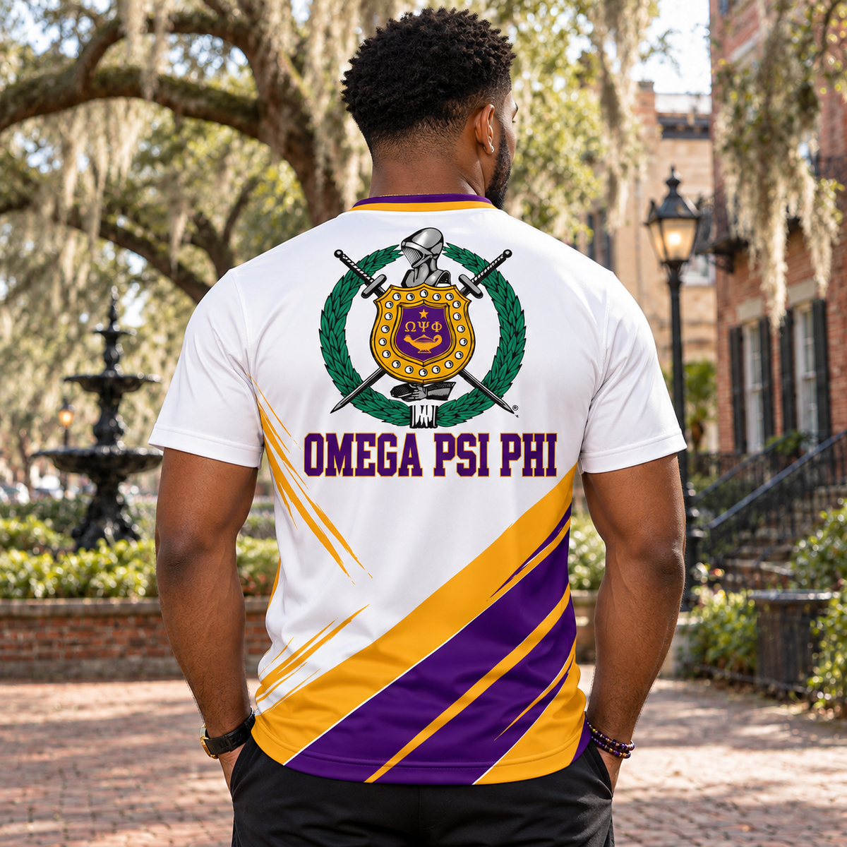 Omega Psi Phi Crest White Purple & Gold All-Over T-Shirt