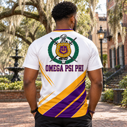 Omega Psi Phi Crest White Purple & Gold All-Over T-Shirt