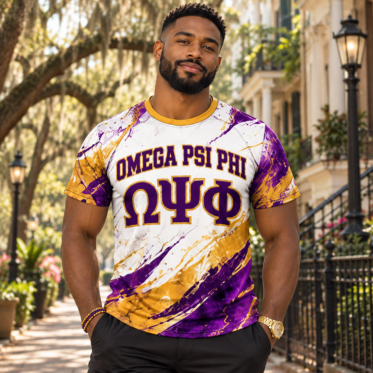Omega Psi Phi Purple & Gold Paint Splash All-Over Shirt