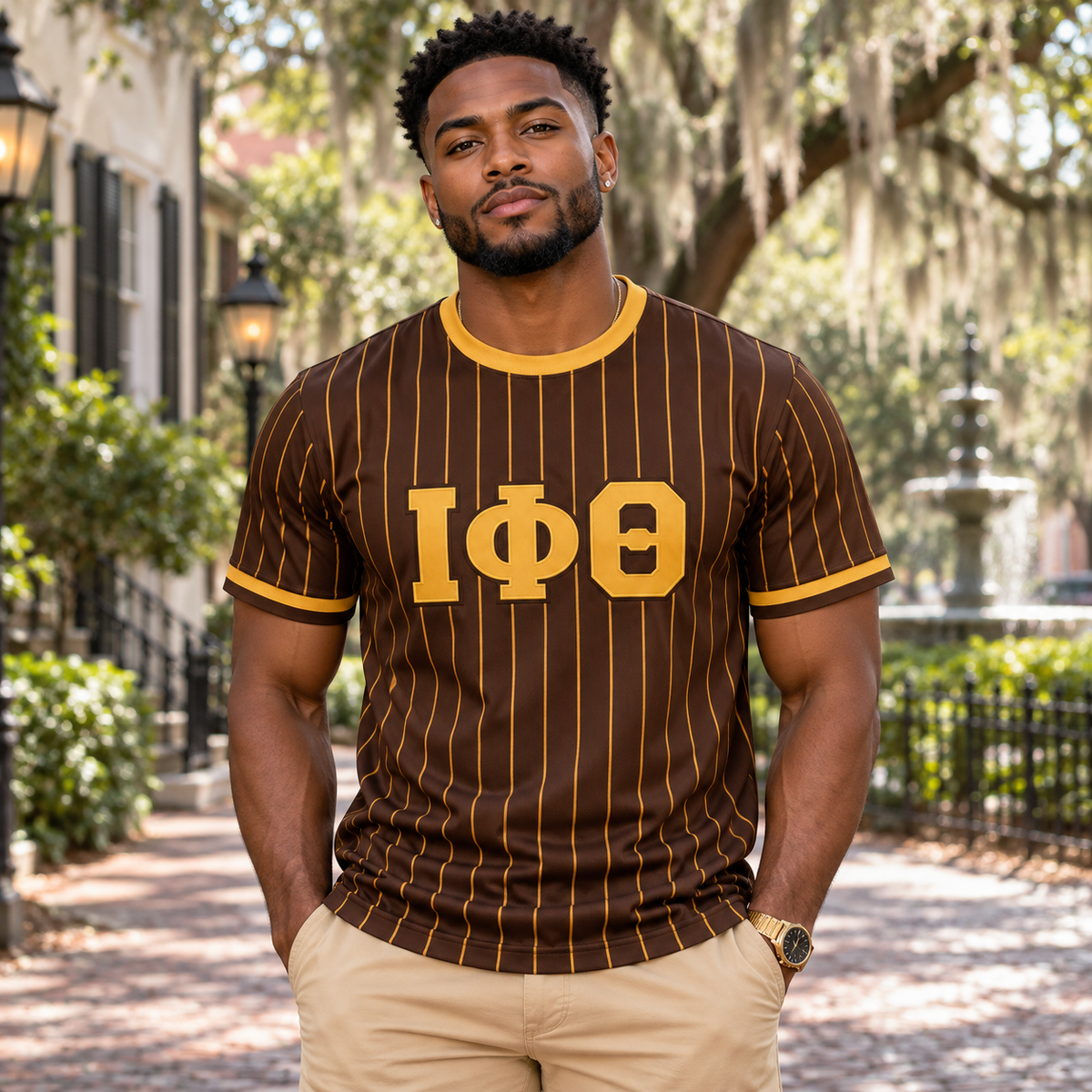 Iota Phi Theta Brown & Gold Pinstripe All-Over T-Shirt