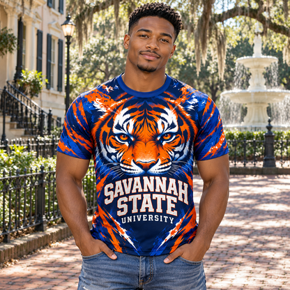 Savannah State University Tigers Face Blue & Orange All-Over Print T-Shirt